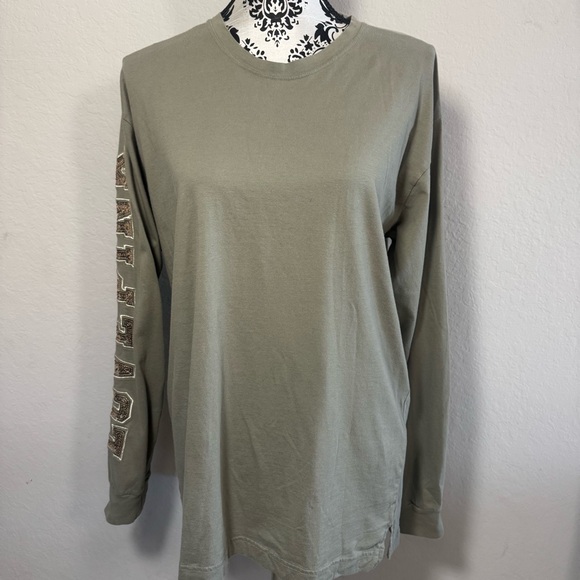 PINK Victoria's Secret Tops - Victoria’s Secret PINK Sweatshirt Sz M Army Green Sequin Logo Cotton
